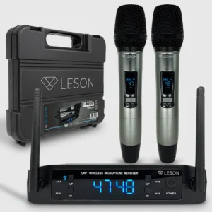 Microfone Sem Fio Duplo Leson Sw9006 Dinâmico Digital Igreja Profissional Uhf Com Maleta 96 frequências bivolt  saídas balanceadas bastões metálicos