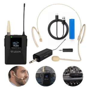 Microfone Sem Fio Headset Leson Omnidirecional Bege portátil com base conector p10 transmissor de cinto bodypack display led apresentações aulas canto palestras