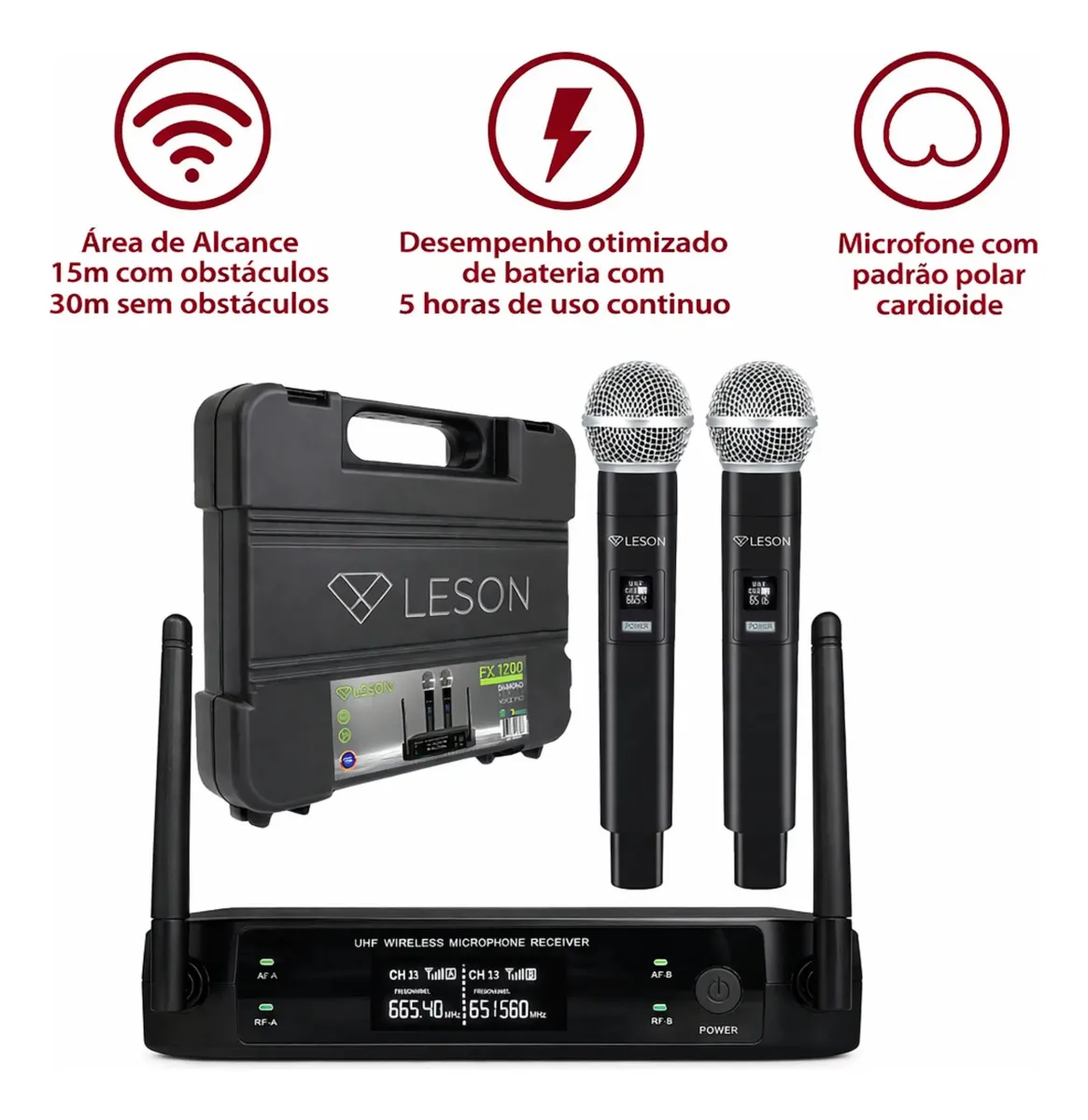 Microfone duplo sem fio Profissional LeSon FX1200 dinâmico digital Uhf com Maleta - Imagem 2