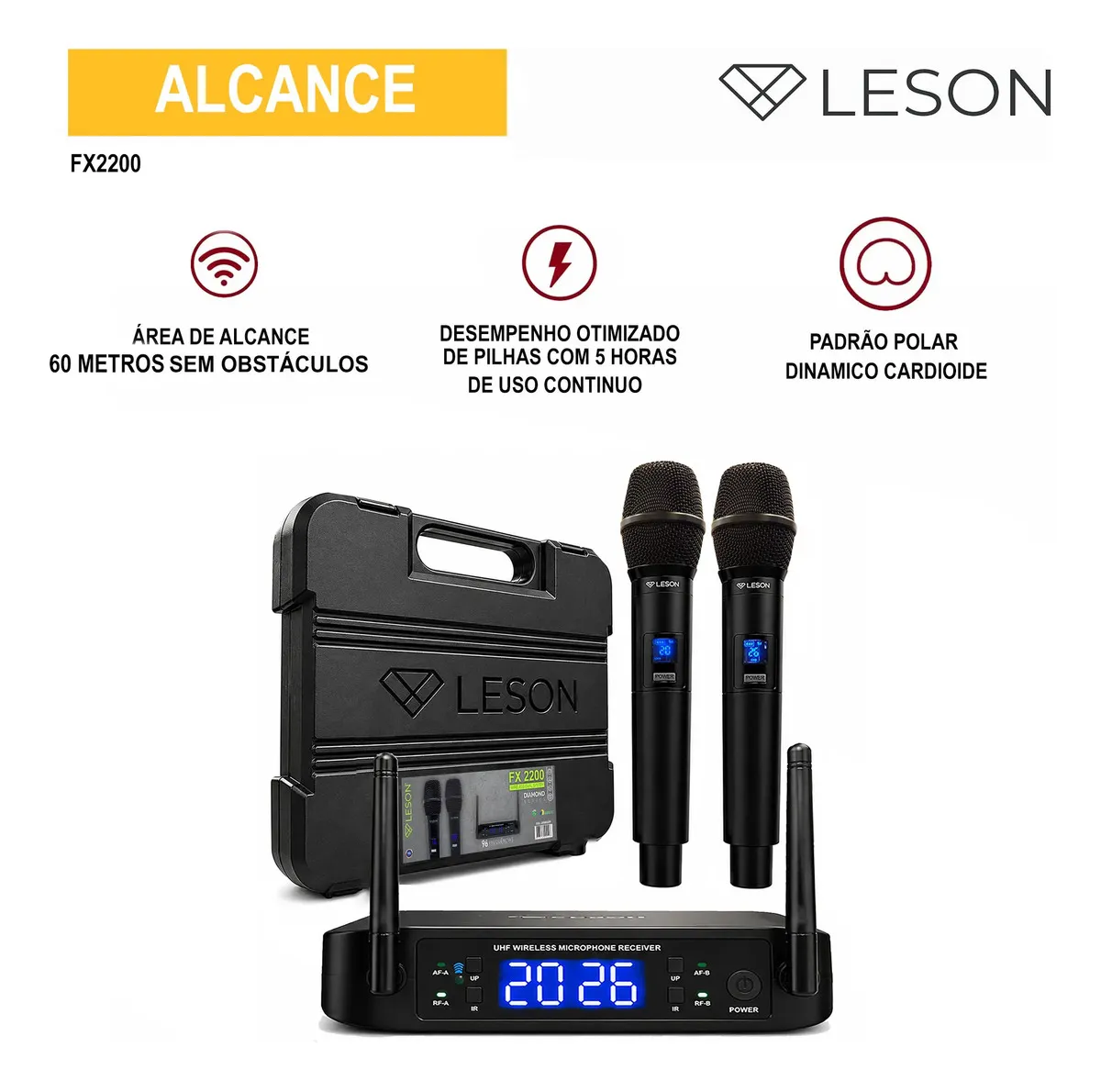 Microfone Duplo Sem Fio Leson FX2200 - Sistema Digital UHF 96 Canais - Imagem 2