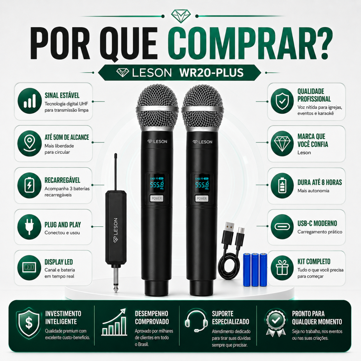 Kit Microfone Sem Fio Duplo Uhf Leson Wr20-plus Recarregável - Imagem 10