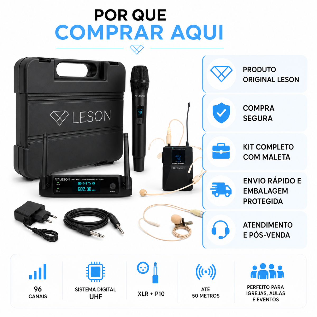 Microfone Sem Fio Duplo Leson Fx2201hlb 96 Canais Maleta - Imagem 10
