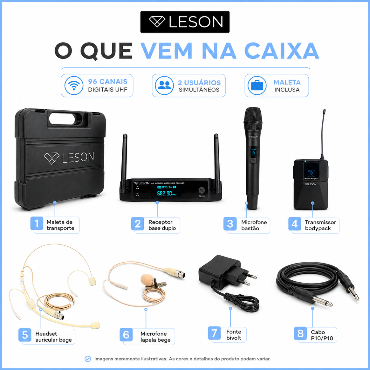 Microfone Sem Fio Duplo Leson Fx2201hlb 96 Canais Maleta - Imagem 2