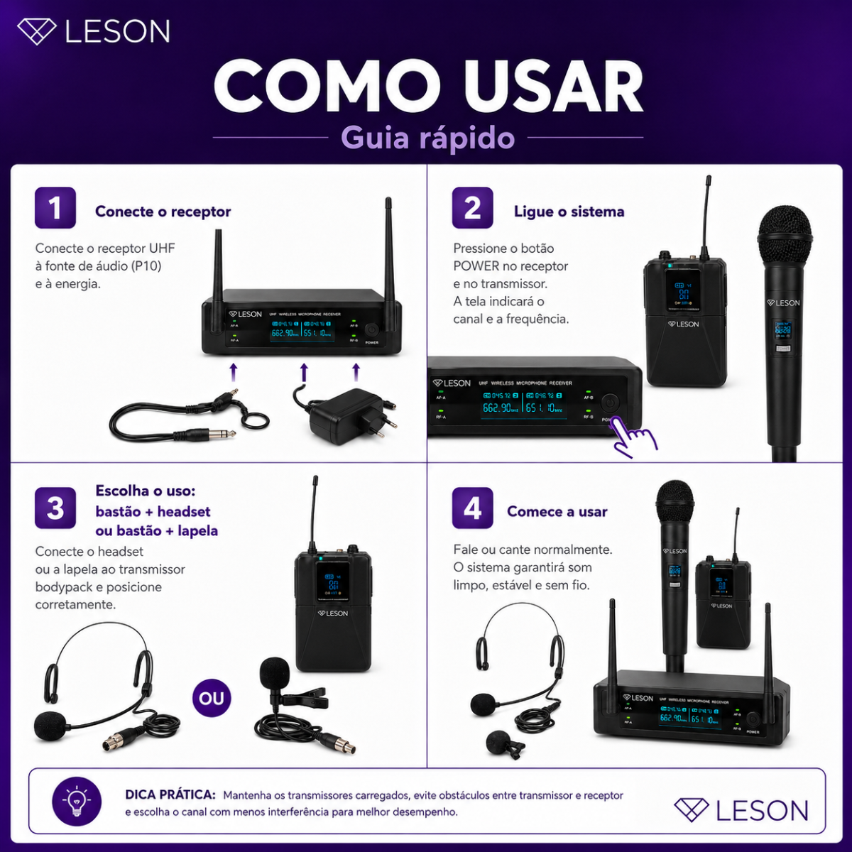 Microfone Sem Fio Leson Fx2203hlb Bastão Headset Lapela - Imagem 2