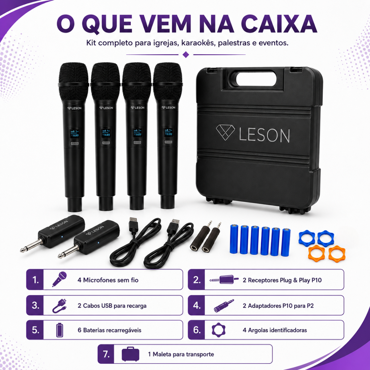 Kit 4 Microfones Sem Fio Leson Mic Pro 4.0 Maleta - Imagem 2