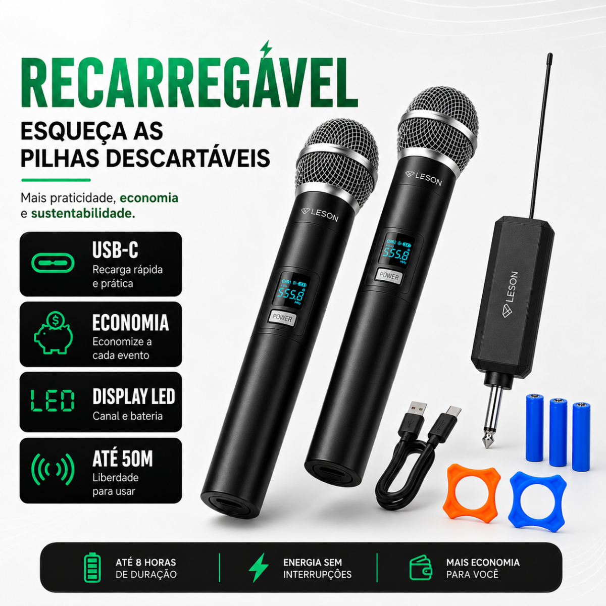 Kit Microfone Sem Fio Duplo Uhf Leson Wr20-plus Recarregável - Imagem 2