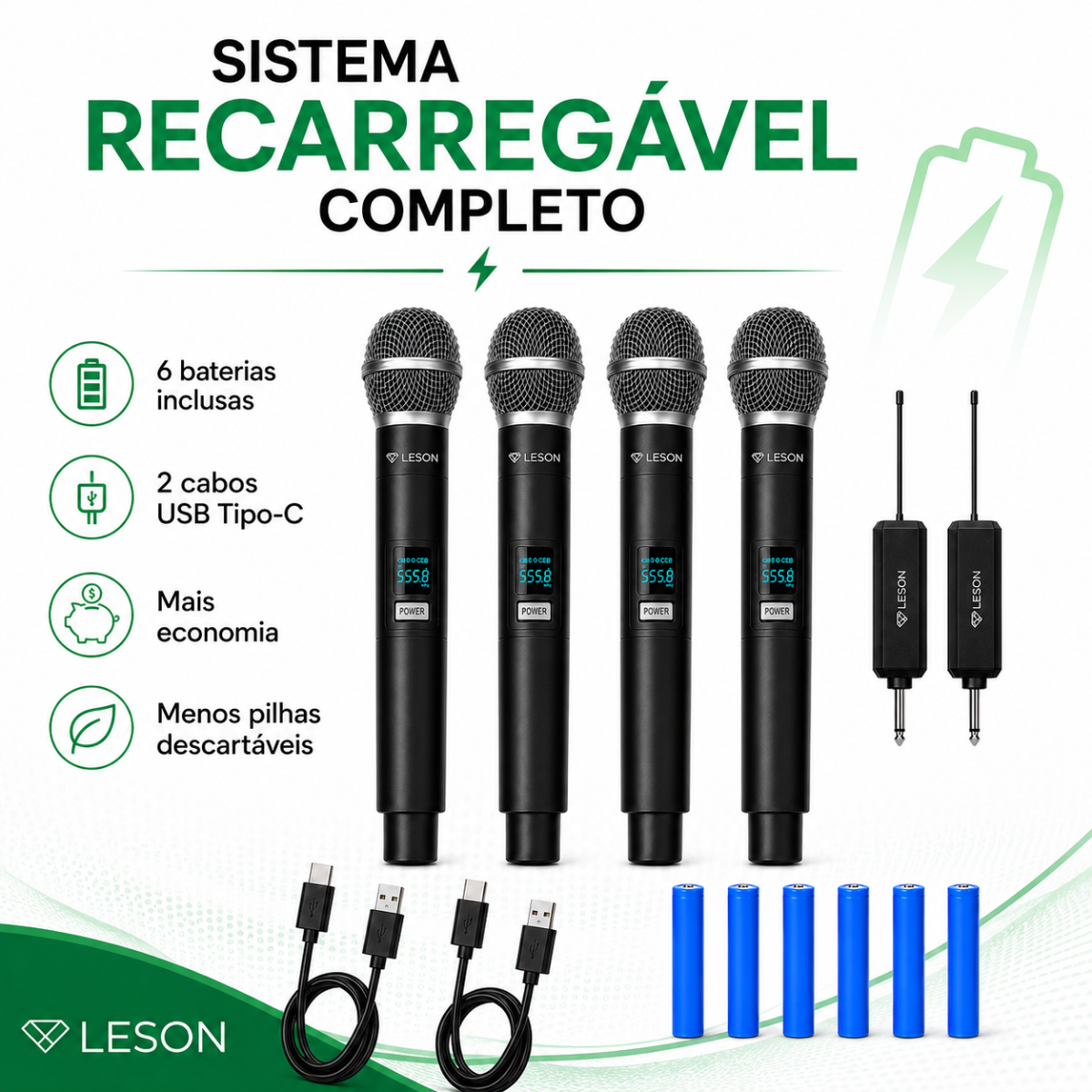 Microfone Sem Fio Leson Wr40c 4 Bastões Igreja Karaokê - Imagem 2