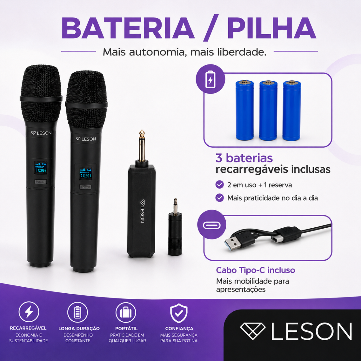 Kit 2 Microfones Sem Fio Uhf Leson Mic Pro 2.0 Recarregável - Imagem 4