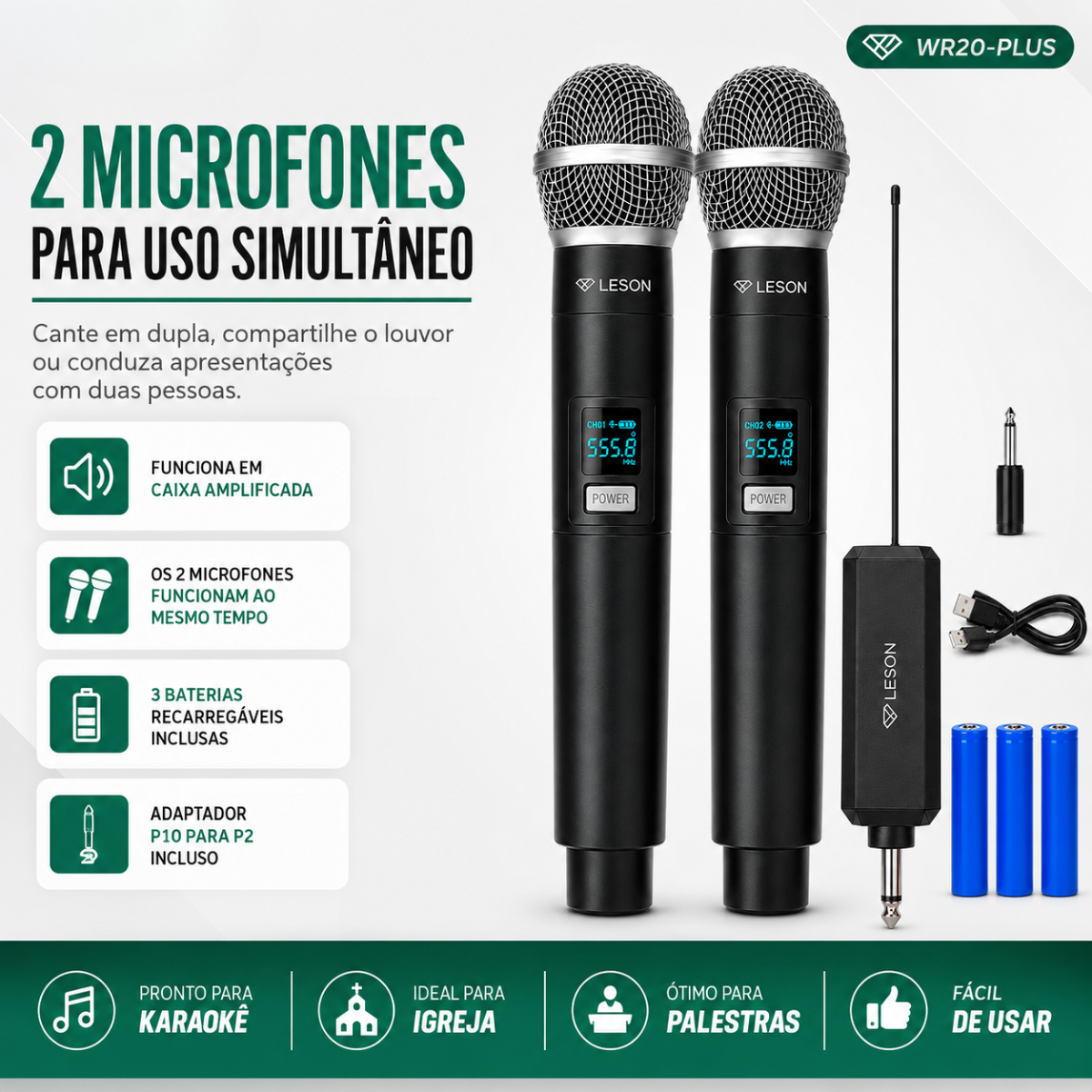 Kit Microfone Sem Fio Duplo Uhf Leson Wr20-plus Recarregável - Imagem 3