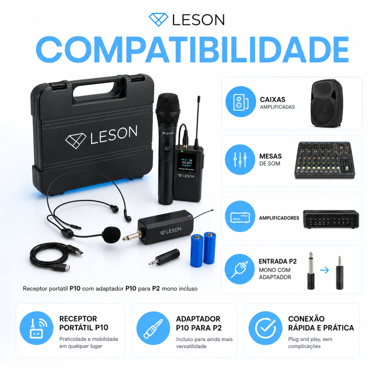 Microfone Sem Fio Duplo Leson Mic Pro 2.1hb Com Maleta - Imagem 3