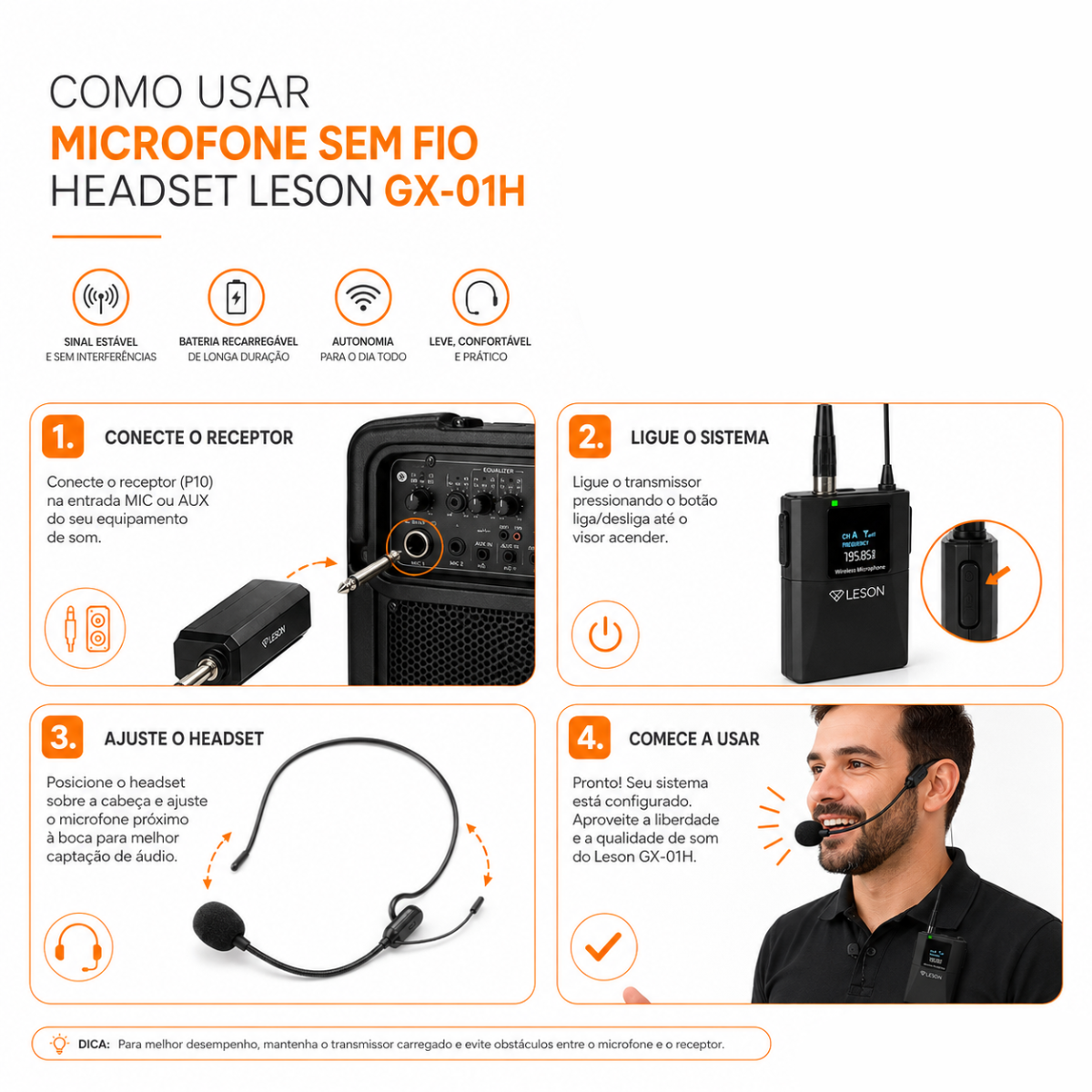 Microfone Sem Fio Headset Leson Gx-01h Recarregável Maleta - Imagem 4