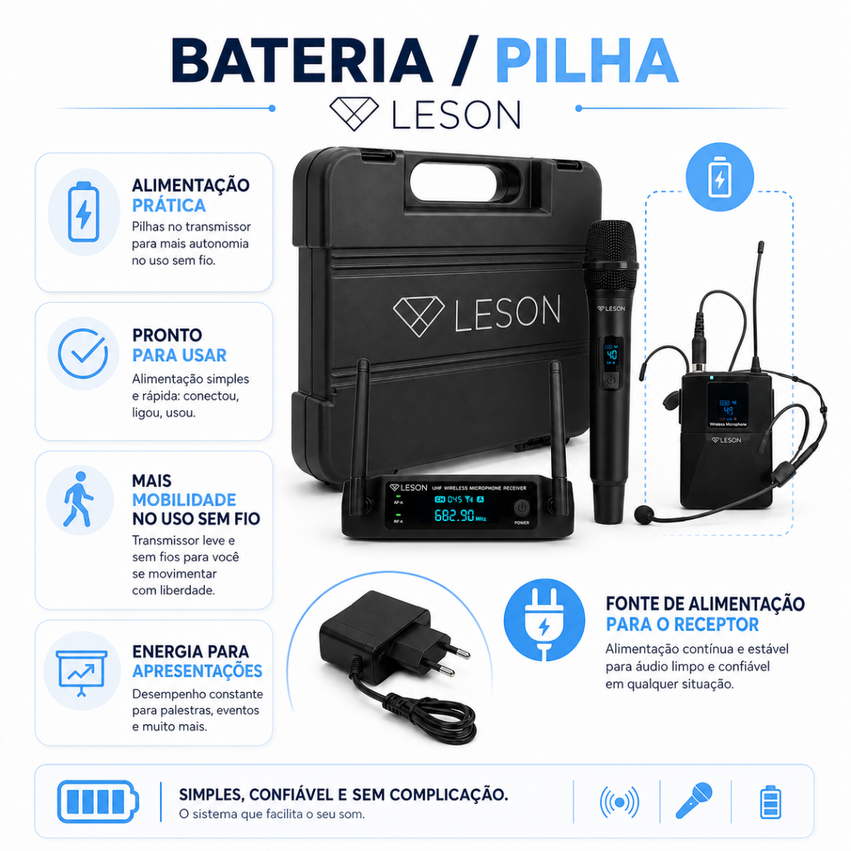 Microfone Sem Fio Duplo Leson Fx2201hlb 96 Canais Maleta - Imagem 4