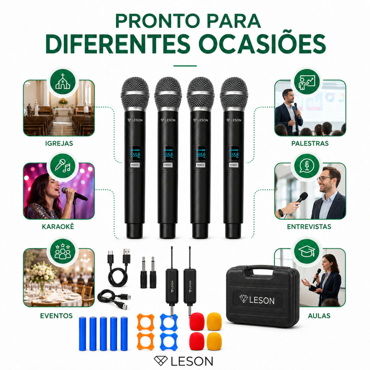 Microfone Sem Fio Leson Wr40c 4 Bastões Igreja Karaokê - Imagem 4