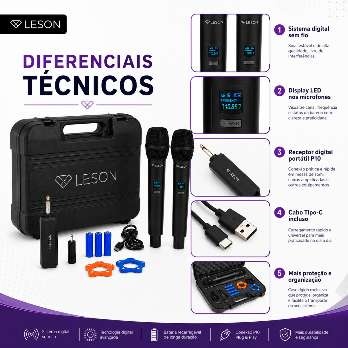 Kit 2 Microfones Sem Fio Uhf Leson Mic Pro 2.0 Recarregável - Imagem 5