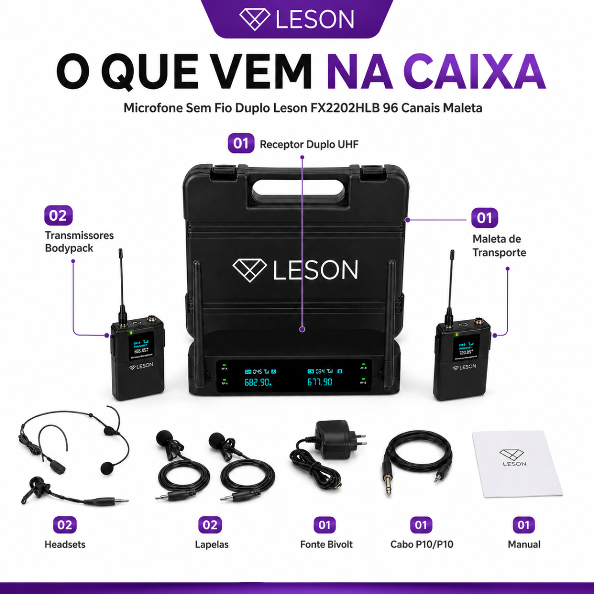 Microfone Sem Fio Duplo Leson Fx2202hlb 96 Canais Maleta