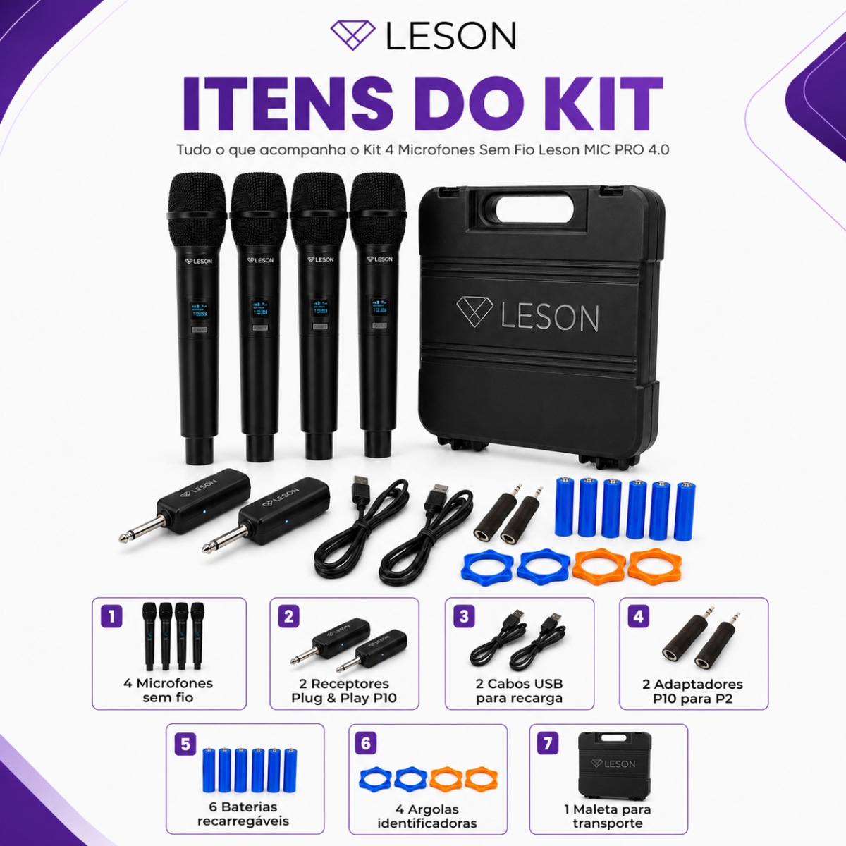 Kit 4 Microfones Sem Fio Leson Mic Pro 4.0 Maleta - Imagem 5