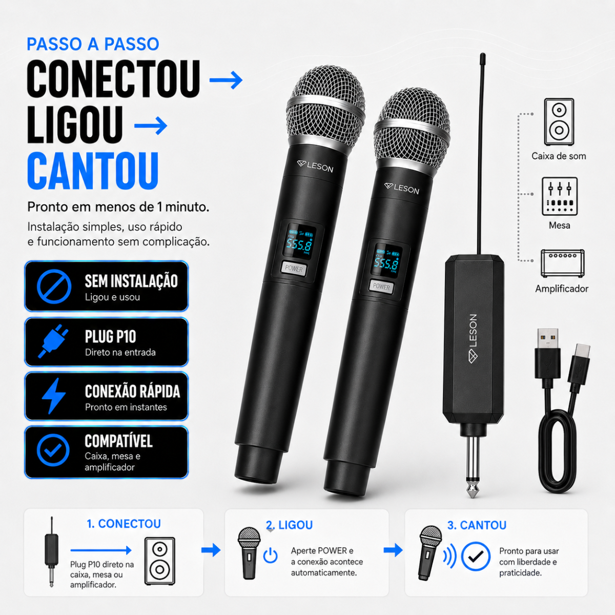 Microfone Sem Fio Duplo Leson Gx-02c Recarregável Maleta - Imagem 4
