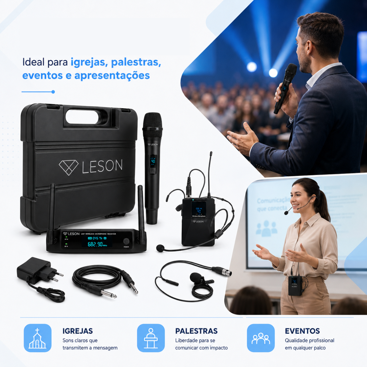 Microfone Sem Fio Duplo Leson Fx2201hlb 96 Canais Maleta - Imagem 5