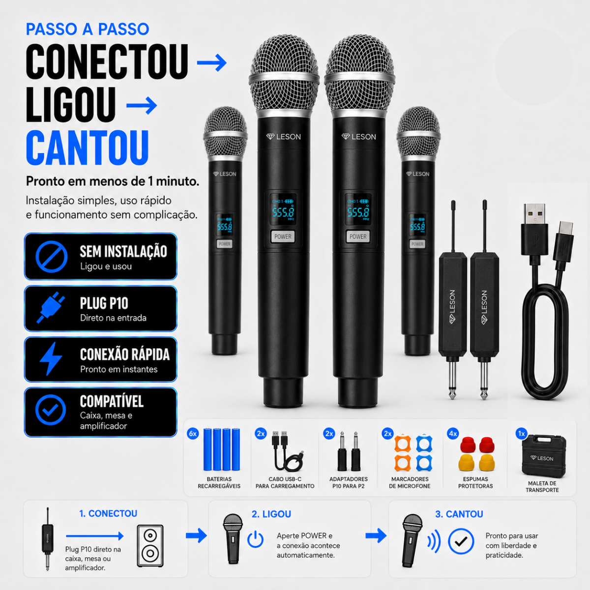 Kit 4 Microfones Sem Fio Leson Gx-04c Recarregável Maleta - Imagem 5