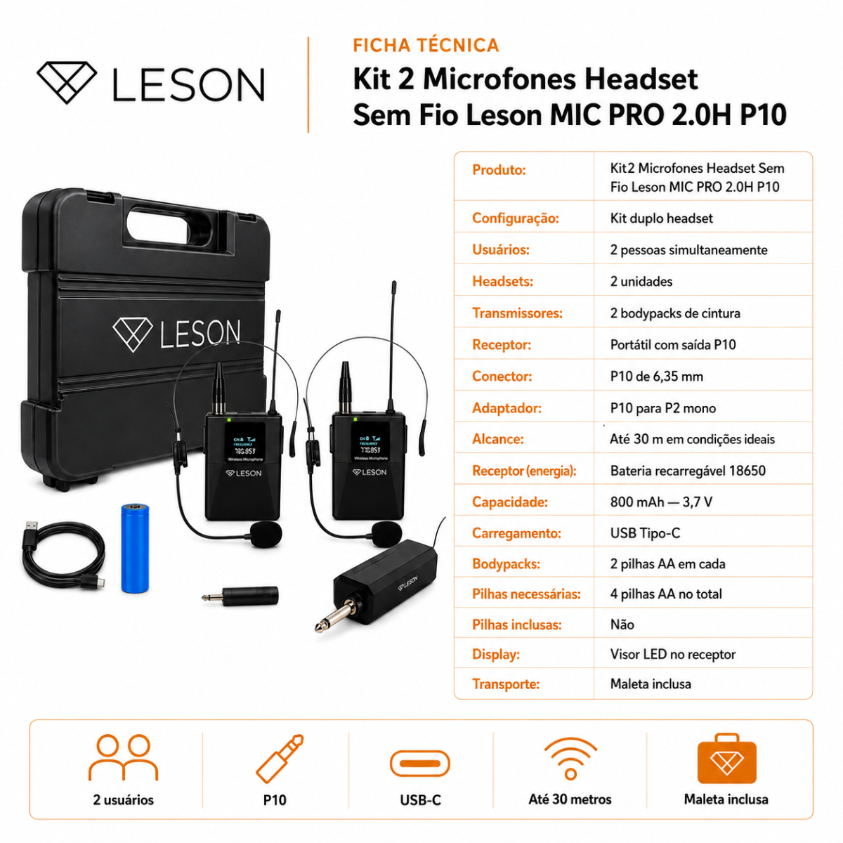 Kit 2 Microfones Headset Sem Fio Leson Mic Pro 2.0h P10 - Imagem 5