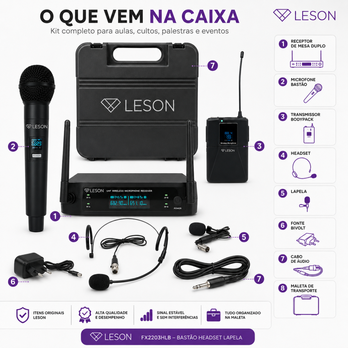 Microfone Sem Fio Leson Fx2203hlb Bastão Headset Lapela - Imagem 6
