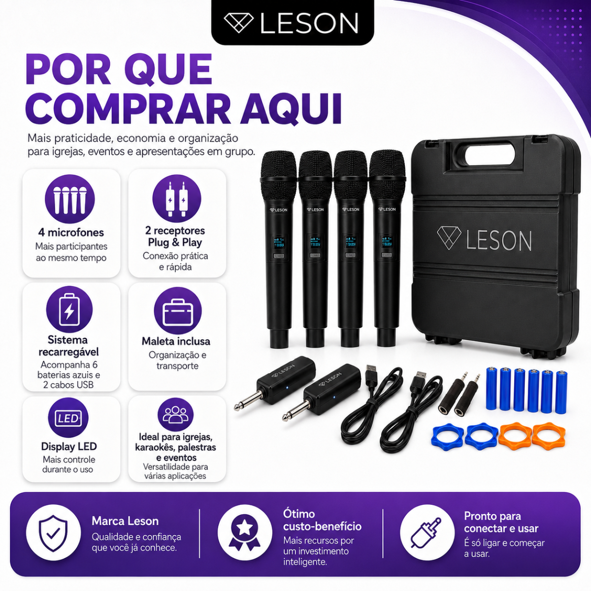 Kit 4 Microfones Sem Fio Leson Mic Pro 4.0 Maleta - Imagem 6