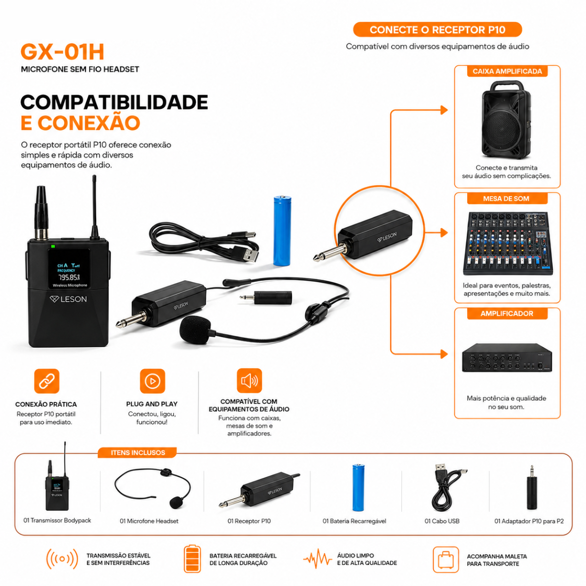 Microfone Sem Fio Headset Leson Gx-01h Recarregável Maleta - Imagem 6