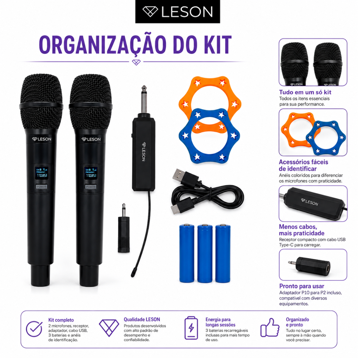 Kit 2 Microfones Sem Fio Leson Mic-2go Recarregável P10 - Imagem 6