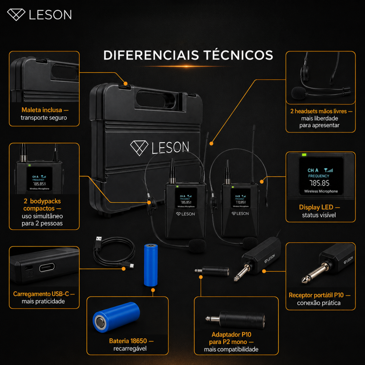 Kit 2 Microfones Headset Sem Fio Leson Mic Pro 2.0h P10 - Imagem 6