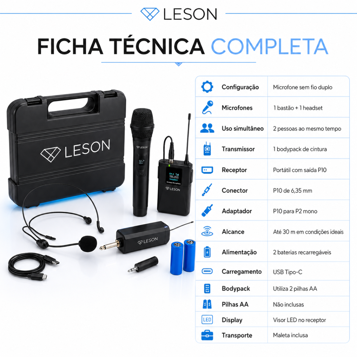 Microfone Sem Fio Duplo Leson Mic Pro 2.1hb Com Maleta - Imagem 9