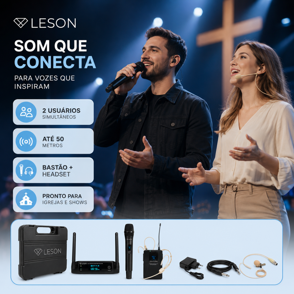 Microfone Sem Fio Duplo Leson Fx2201hlb 96 Canais Maleta - Imagem 7