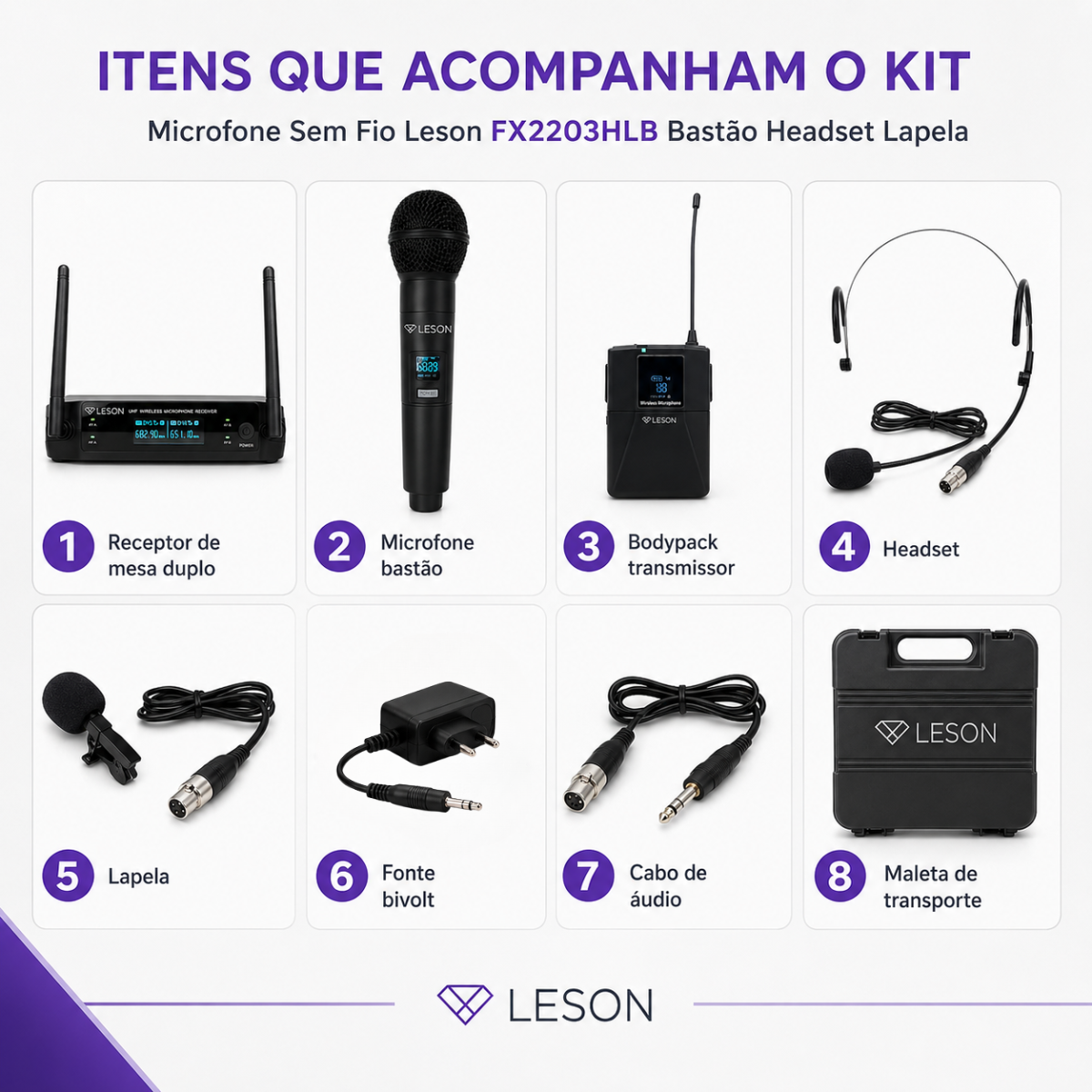 Microfone Sem Fio Leson Fx2203hlb Bastão Headset Lapela - Imagem 7