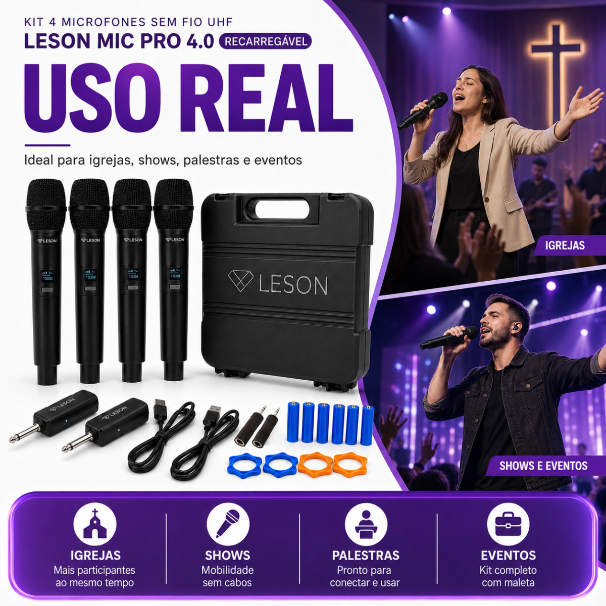 Kit 4 Microfones Sem Fio Leson Mic Pro 4.0 Maleta - Imagem 7