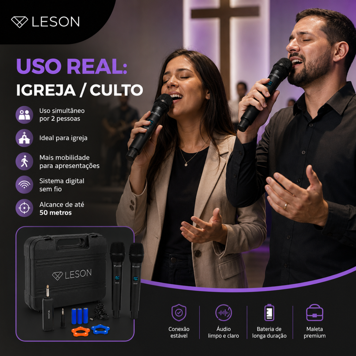 Kit 2 Microfones Sem Fio Uhf Leson Mic Pro 2.0 Recarregável - Imagem 6