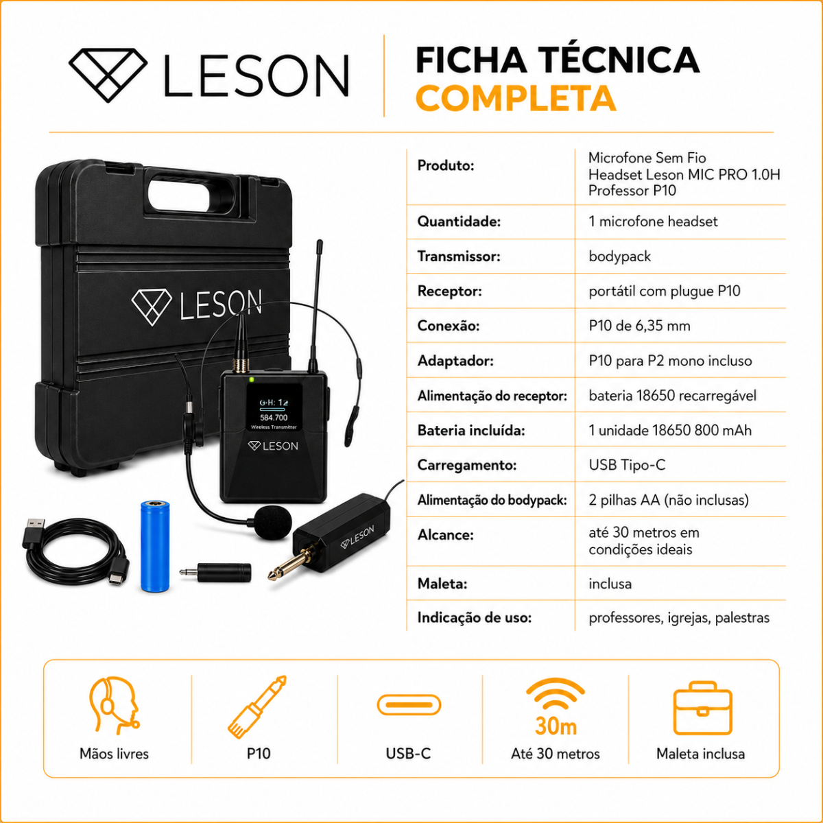 Microfone Sem Fio Headset Leson Mic Pro 1.0h Professor P10 - Imagem 6