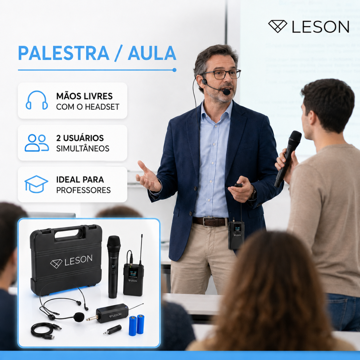 Microfone Sem Fio Duplo Leson Mic Pro 2.1hb Com Maleta - Imagem 5