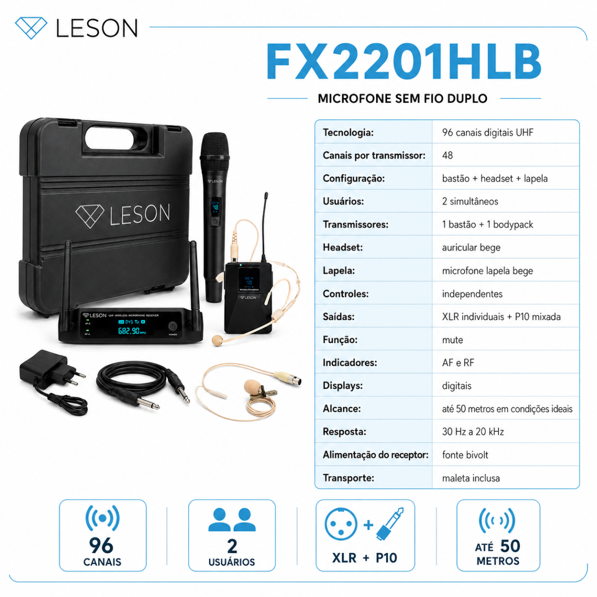 Microfone Sem Fio Duplo Leson Fx2201hlb 96 Canais Maleta - Imagem 8