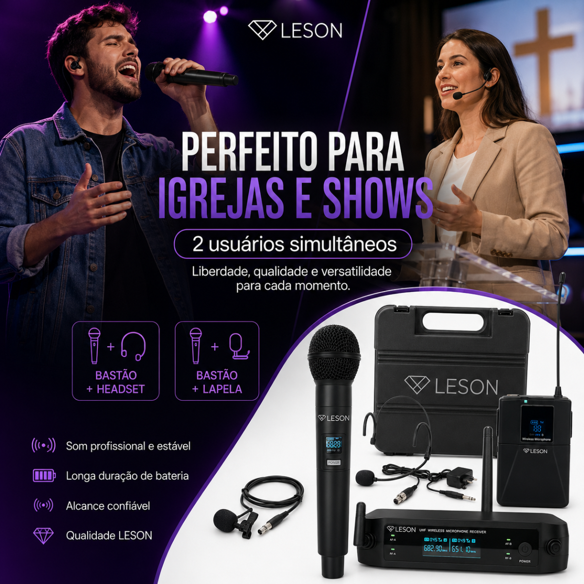 Microfone Sem Fio Leson Fx2203hlb Bastão Headset Lapela - Imagem 8