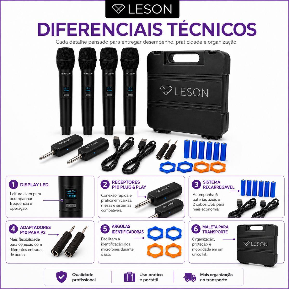 Kit 4 Microfones Sem Fio Leson Mic Pro 4.0 Maleta - Imagem 8