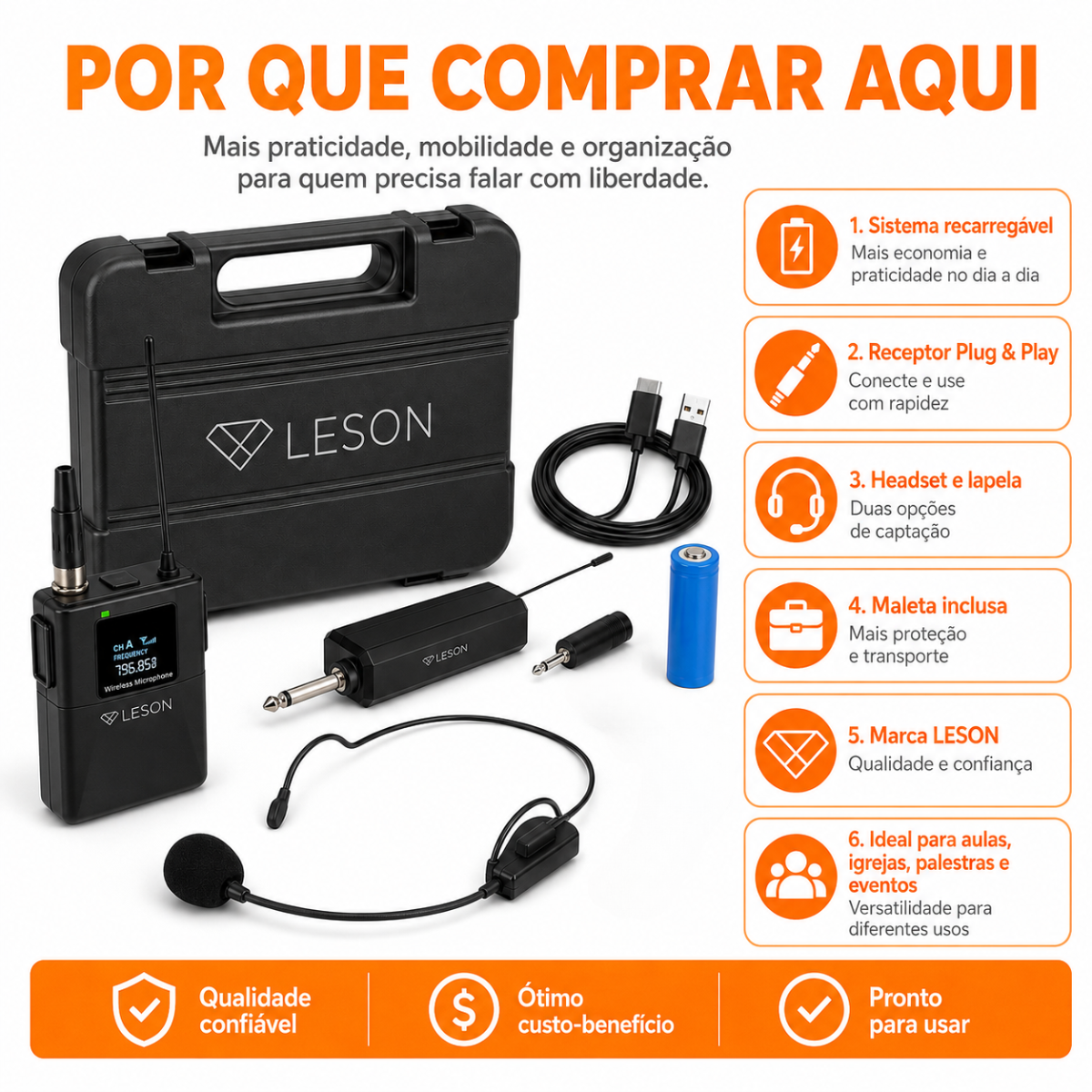 Microfone Sem Fio Headset Leson Gx-01h Recarregável Maleta - Imagem 8