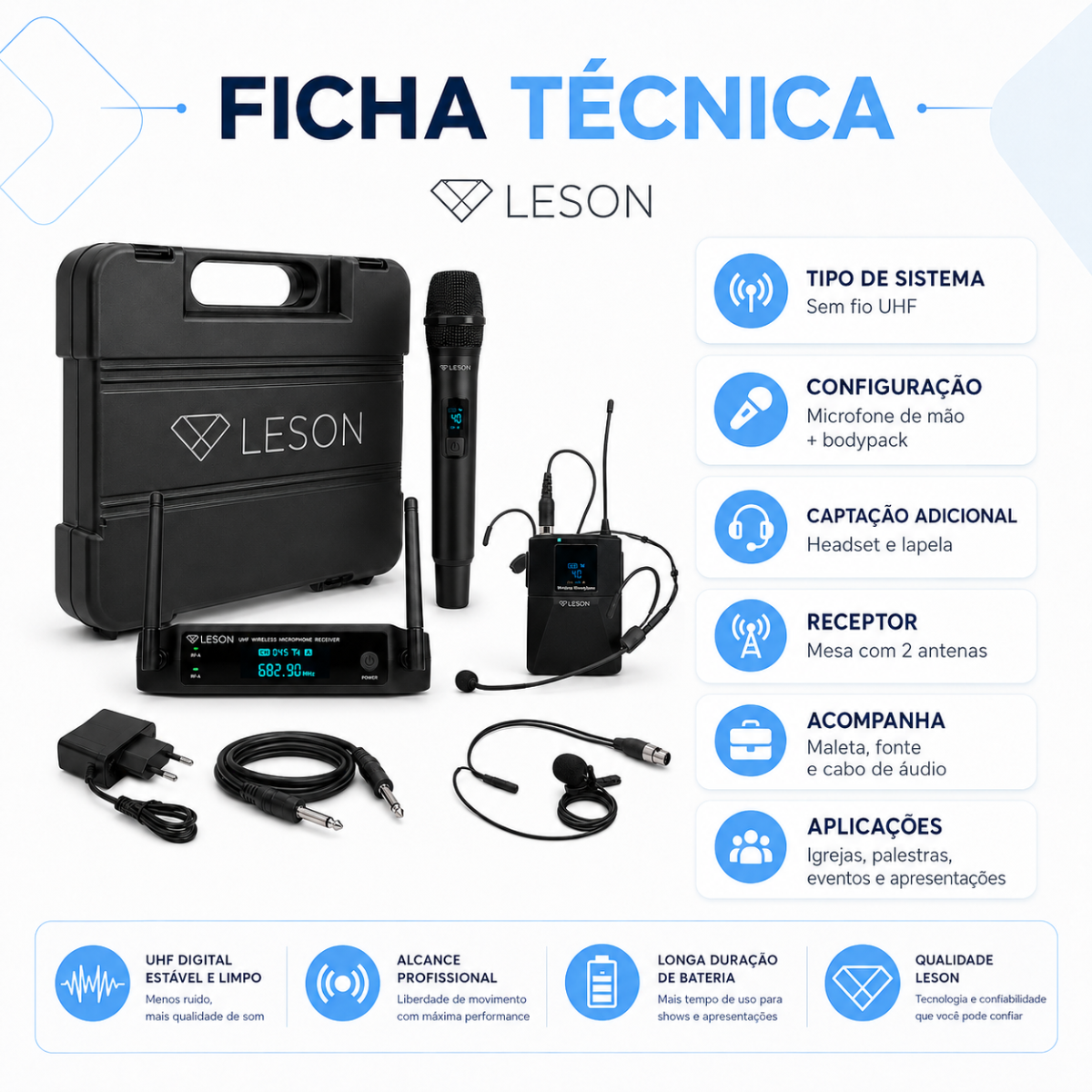 Microfone Sem Fio Duplo Leson Fx2201hlb 96 Canais Maleta - Imagem 8