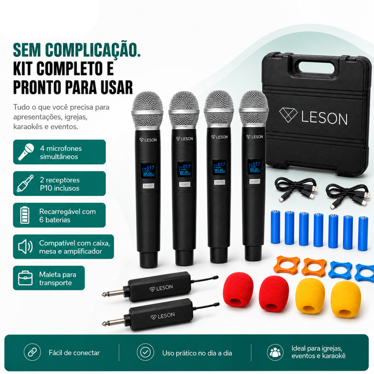 Microfone Sem Fio Leson Wr40c 4 Bastões Igreja Karaokê - Imagem 8