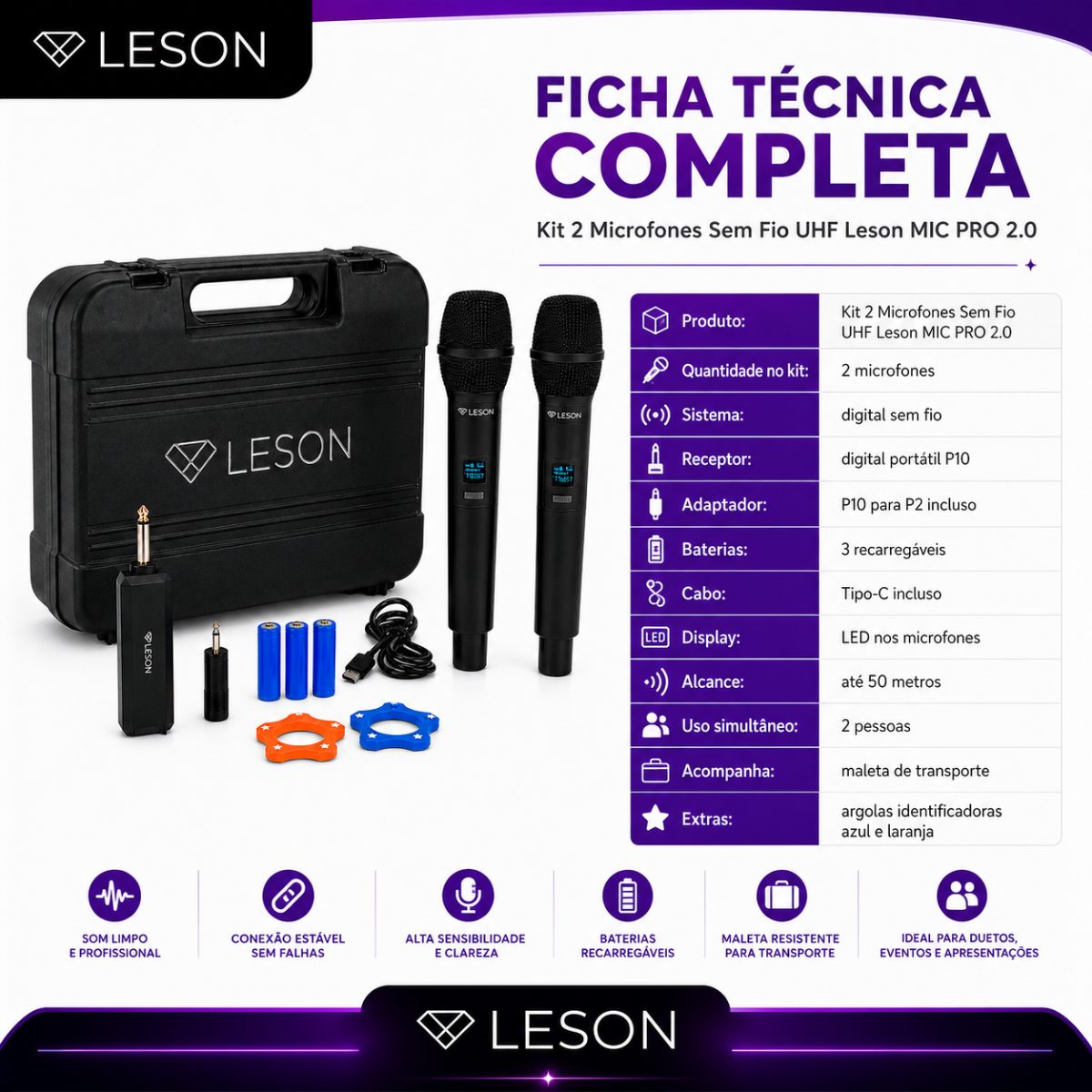 Kit 2 Microfones Sem Fio Uhf Leson Mic Pro 2.0 Recarregável - Imagem 8