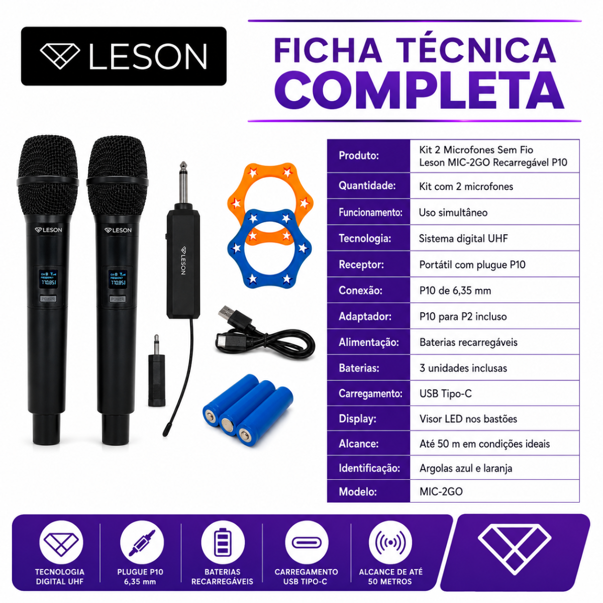 Kit 2 Microfones Sem Fio Leson Mic-2go Recarregável P10 - Imagem 8