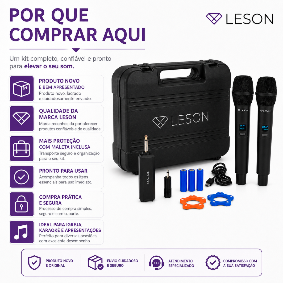 Kit 2 Microfones Sem Fio Uhf Leson Mic Pro 2.0 Recarregável - Imagem 2
