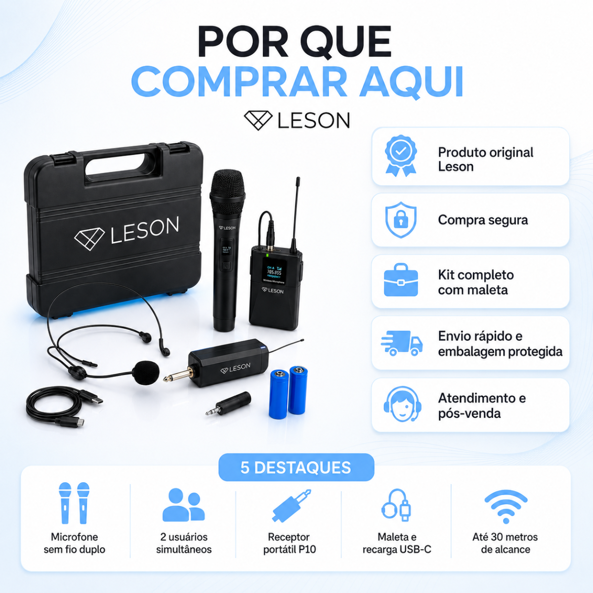 Microfone Sem Fio Duplo Leson Mic Pro 2.1hb Com Maleta - Imagem 8