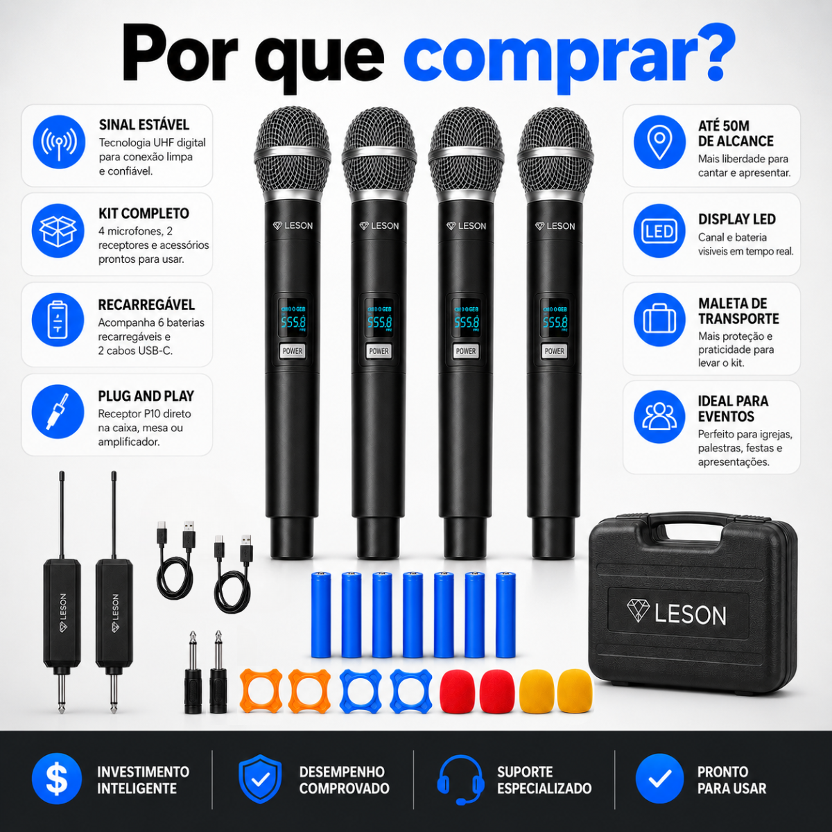 Kit 4 Microfones Sem Fio Leson Gx-04c Recarregável Maleta - Imagem 9