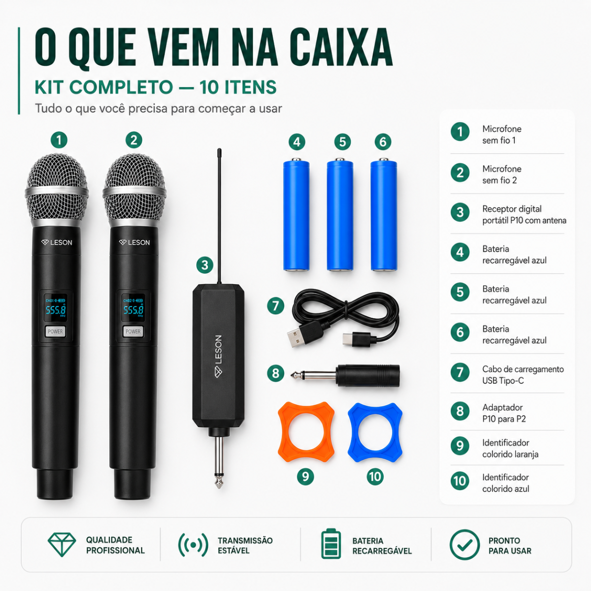 Kit Microfone Sem Fio Duplo Uhf Leson Wr20-plus Recarregável - Imagem 9