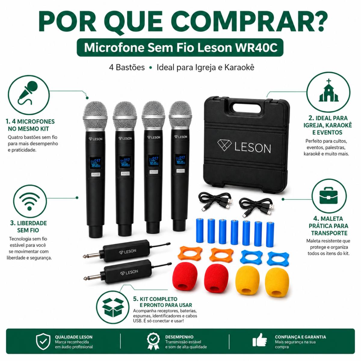 Microfone Sem Fio Leson Wr40c 4 Bastões Igreja Karaokê - Imagem 9
