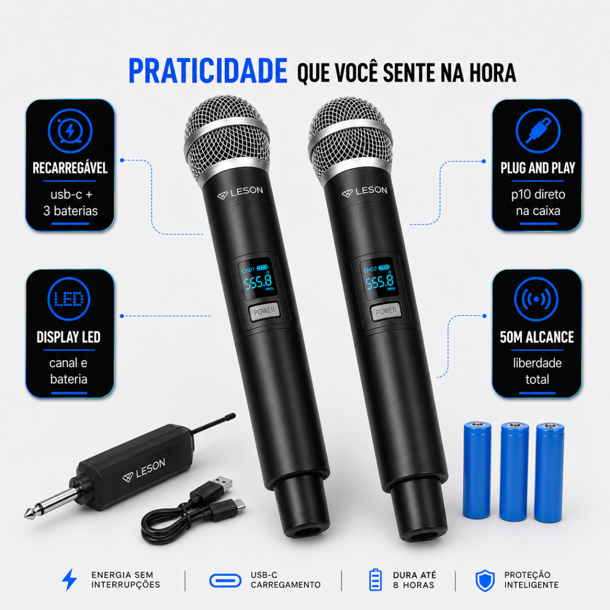 Microfone Sem Fio Duplo Leson Gx-02c Recarregável Maleta - Imagem 2